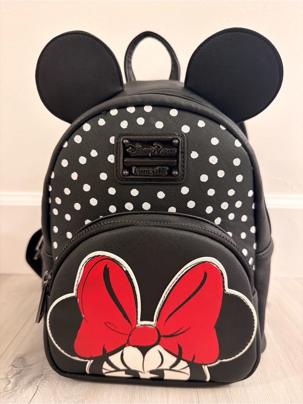 Disney Black and White Polka Dot Minnie Mouse Backpack with Red Bow
